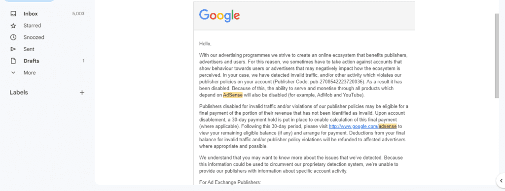 AdSense Account Suspended Email